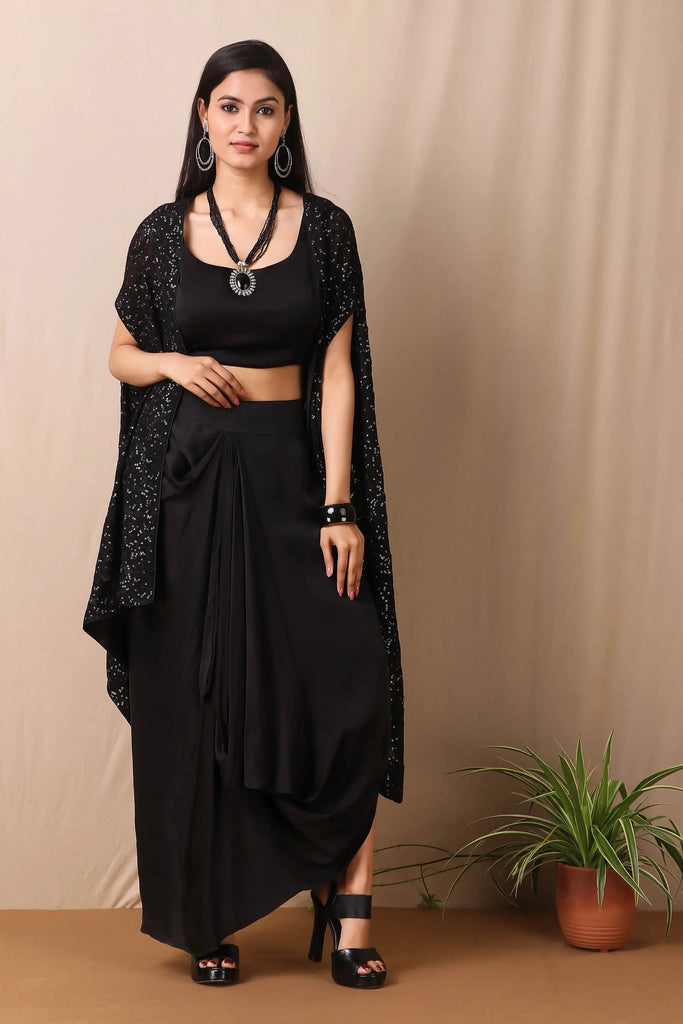 Black embroidered caper dress with bustier and dhoti
