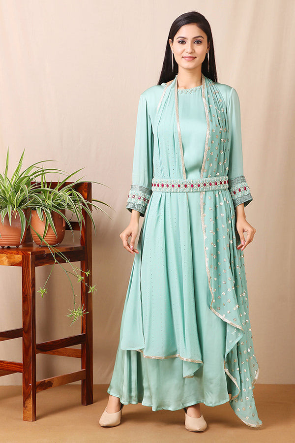 TEEL BLUE ONE PEACE DRESS WITH PATTERENED DUPATTA WITH BELT | AAS Couture 