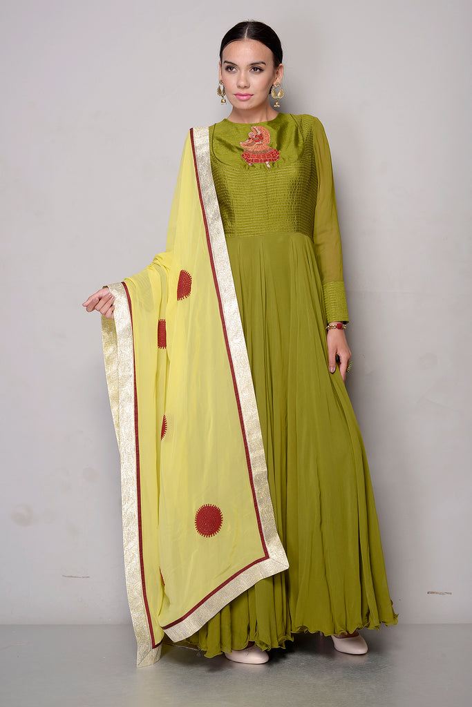Olive Green Chiffon Anarkali with Yellow Dupatta AAS Couture