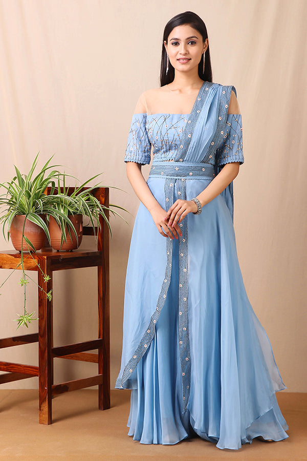 Sky Blue Crop Top Sharara and Drape AAS Couture