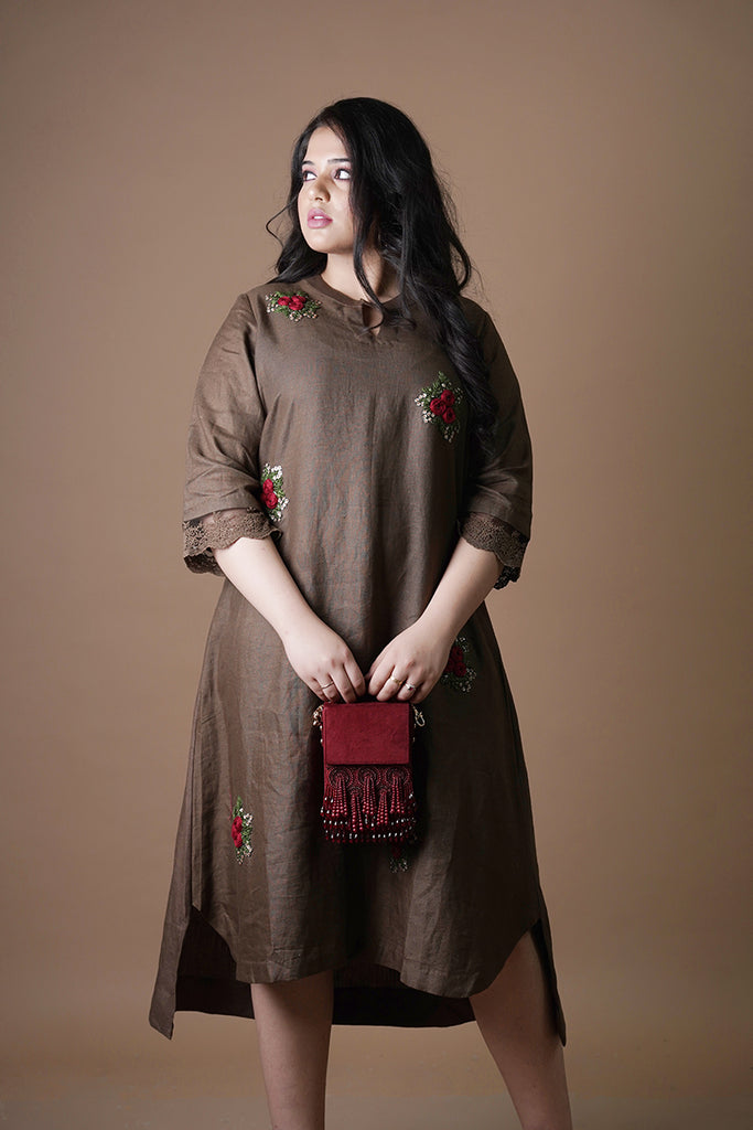 COCO BROWN DRESS RED ANCHOR FLOWERS LINEN AAS COUTURE