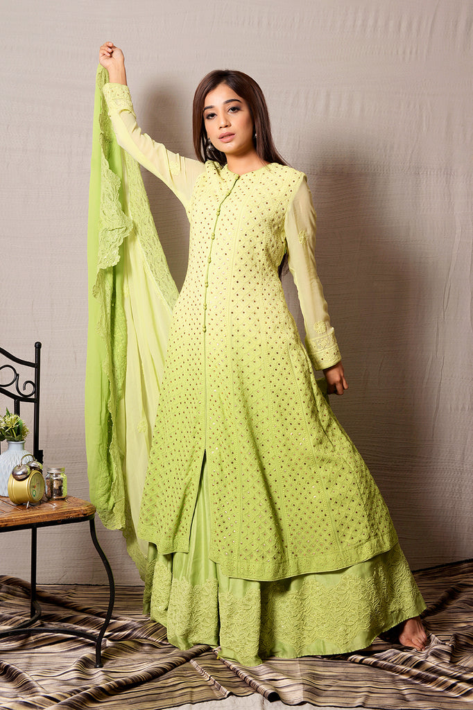 Lucknowi Light Green Shaded Long Anarkali with Skirt AAS Couture