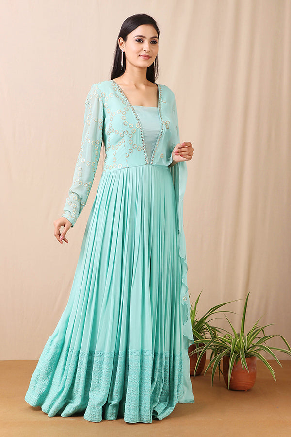 Thread Embroidery Teal Blue Dress AAS Couture