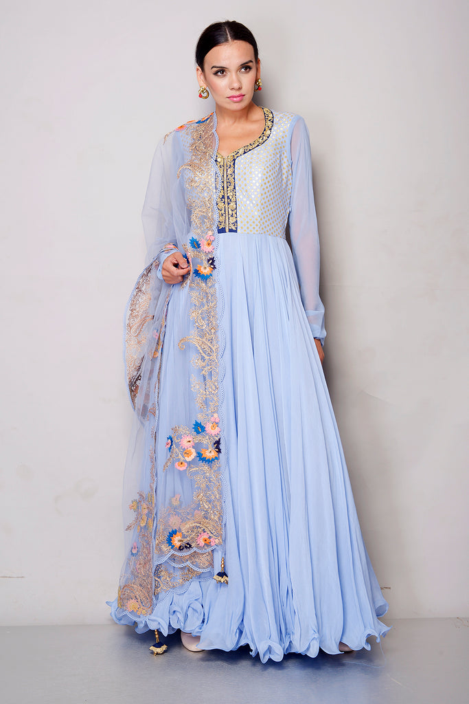 AAS Couture Sky Blue Chiffon Anarkali with Heavy Embroidery Dupatta