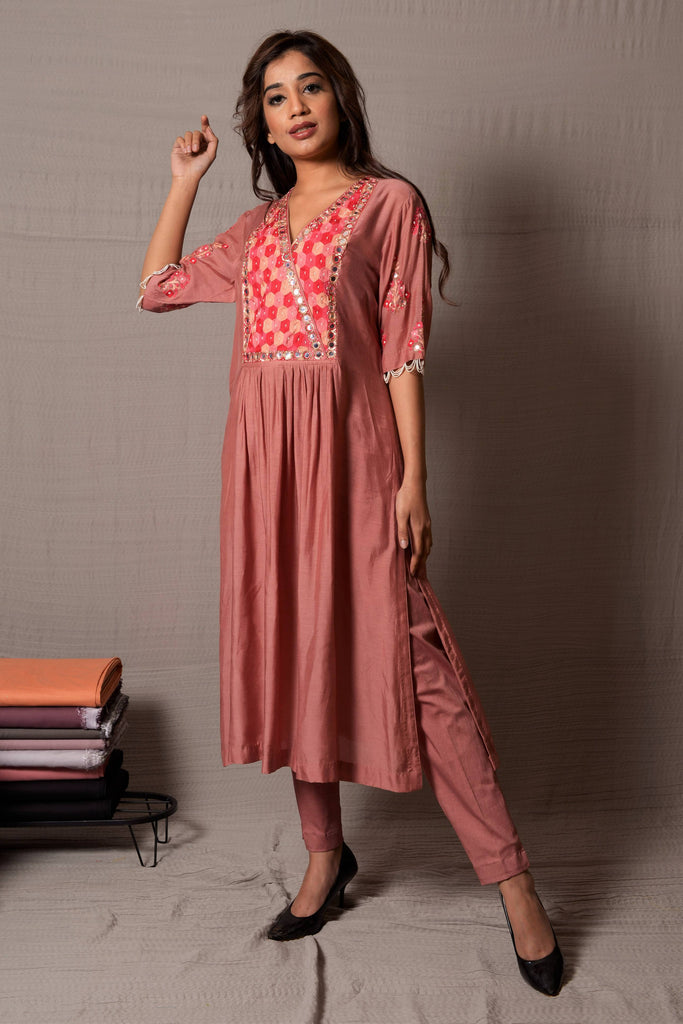 Ash Rose Kurta with Cigarette Pants ( Mirror Work Front Gathered ) | AAS Couture