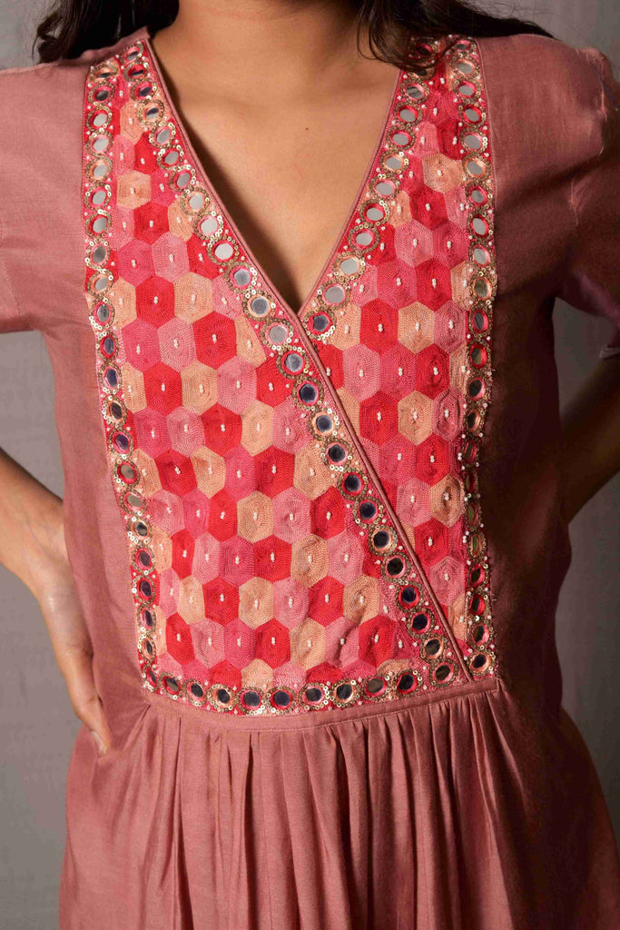 Ash Rose Kurta with Cigarette Pants ( Mirror Work Front Gathered ) | AAS Couture