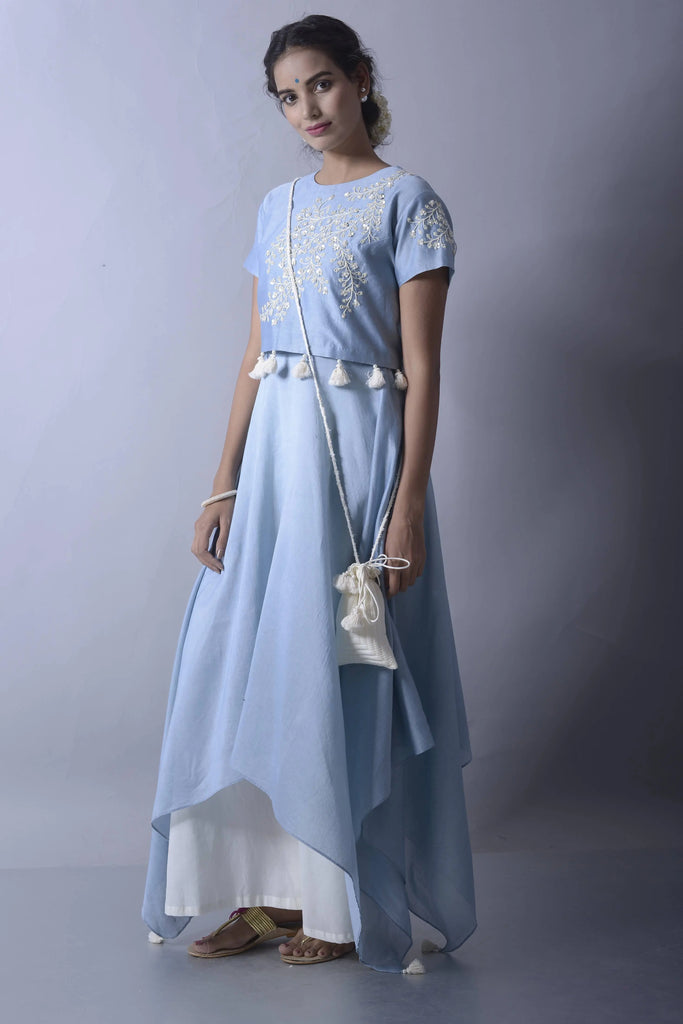 Beautiful Blue Hankerchief Kurti with Crop Top | AAS Couture