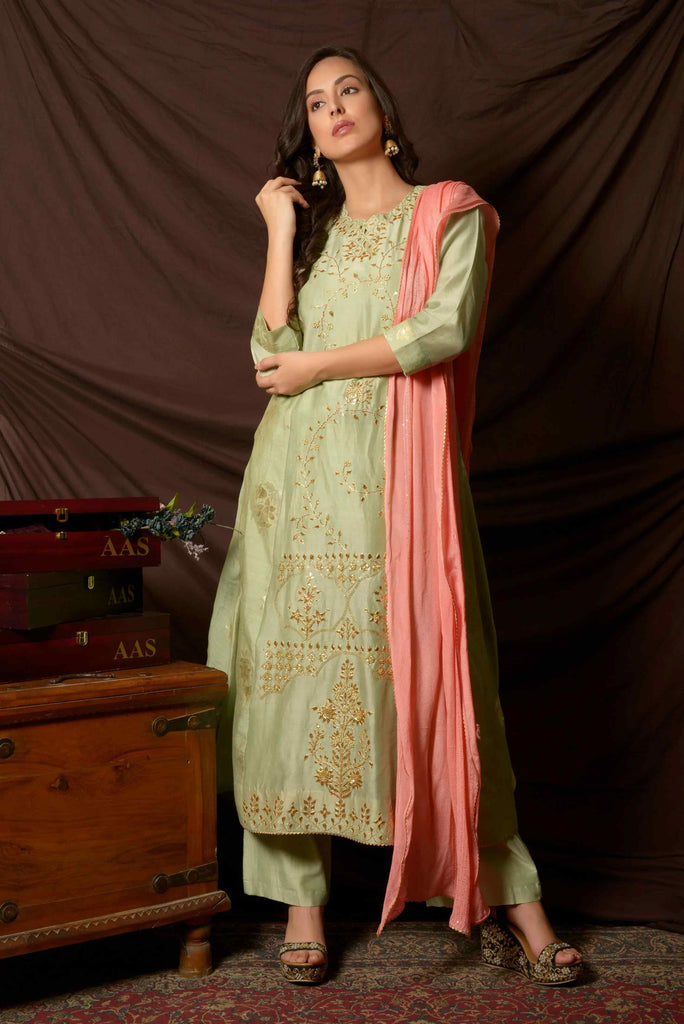 Beautiful Green Banarasi Gota Suit Set | AAS Couture