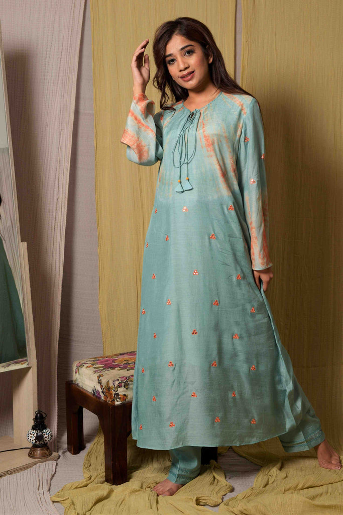 Classy Blue Cotton Silk Kurta with Cotton Pant (Mirror Work) | AAS Couture 