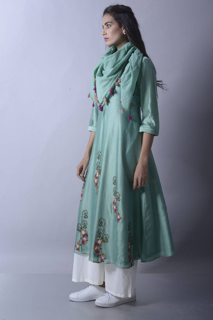 Classy Blue Flare Chanderi Kurta and Palazzo Set with Scarf | AAS Couture 