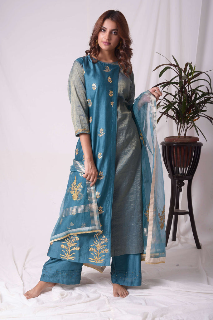 Classy Blue Tissue Chanderi Gota Work Suit Set | AAS Couture