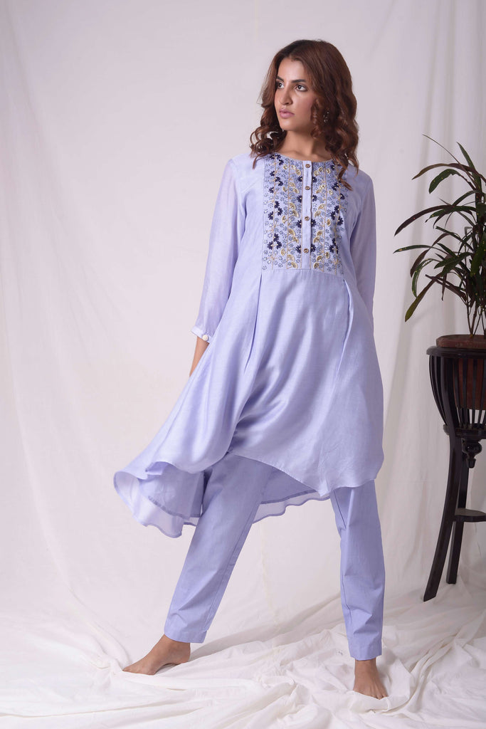 Classy Chanderi Blue Kurta Set (Asymmetrical Hem) | AAS Couture