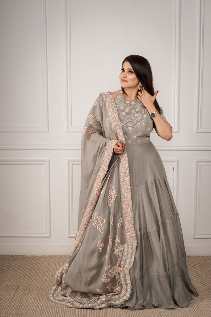 Mouse Grey Layered Anarkali AAS Couture