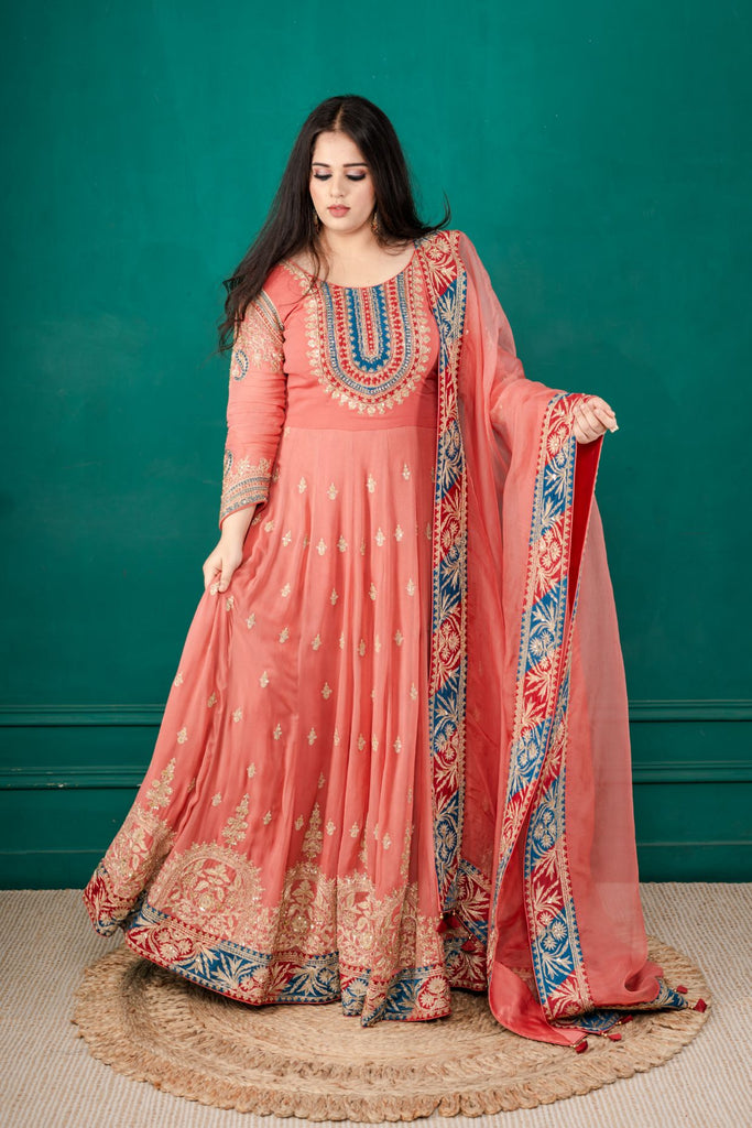 Carrot Pink Georgette Anarkali with Zari Embroidery on Contrast Red & Blue Boarder AAS COUTURE