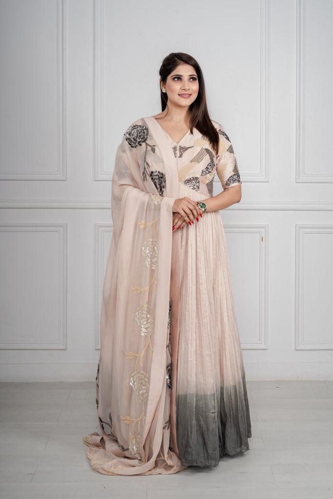 Shaded Beige & Gray Colour Anarkali with Heavily Embroidered Organza Dupatta AAS COUTURE
