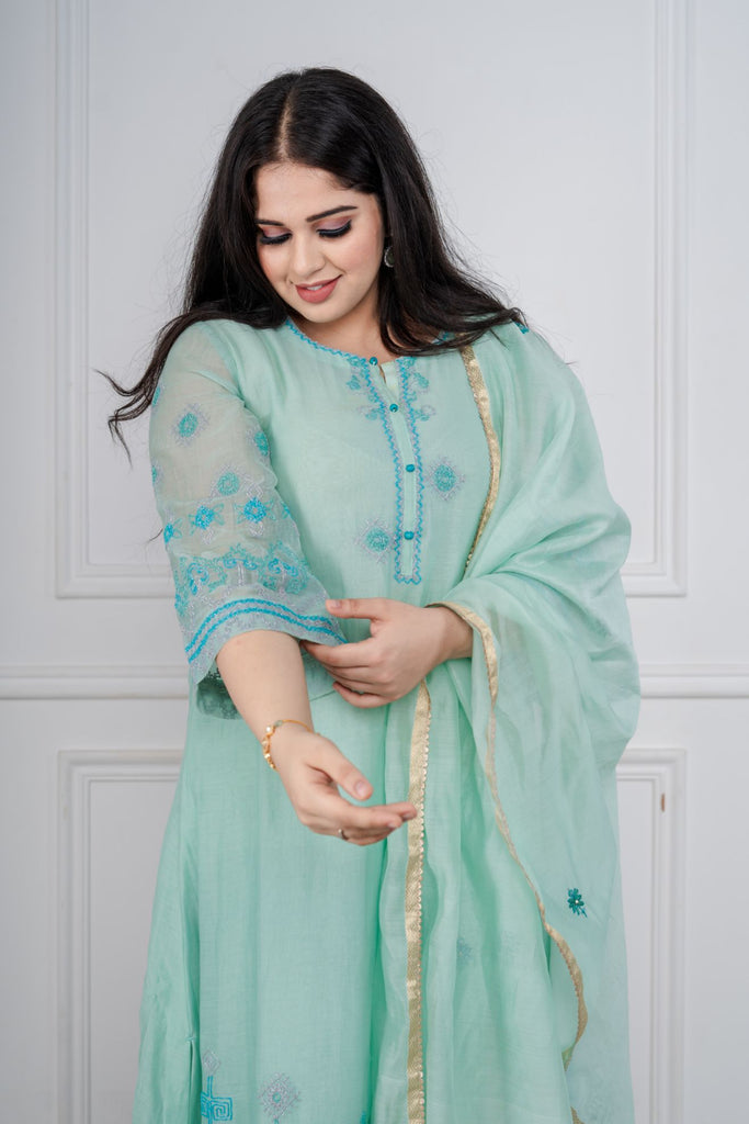  ethnic style sea green mercerized silk Chanderi suit Kashmiri dupatta AAS Couture