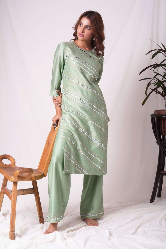 Green Mirror Work Chanderi Kurta with Pants  AAS Couture