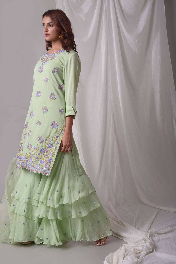 Green Georgette Kurta-Sharara Suit Set | AAS Couture