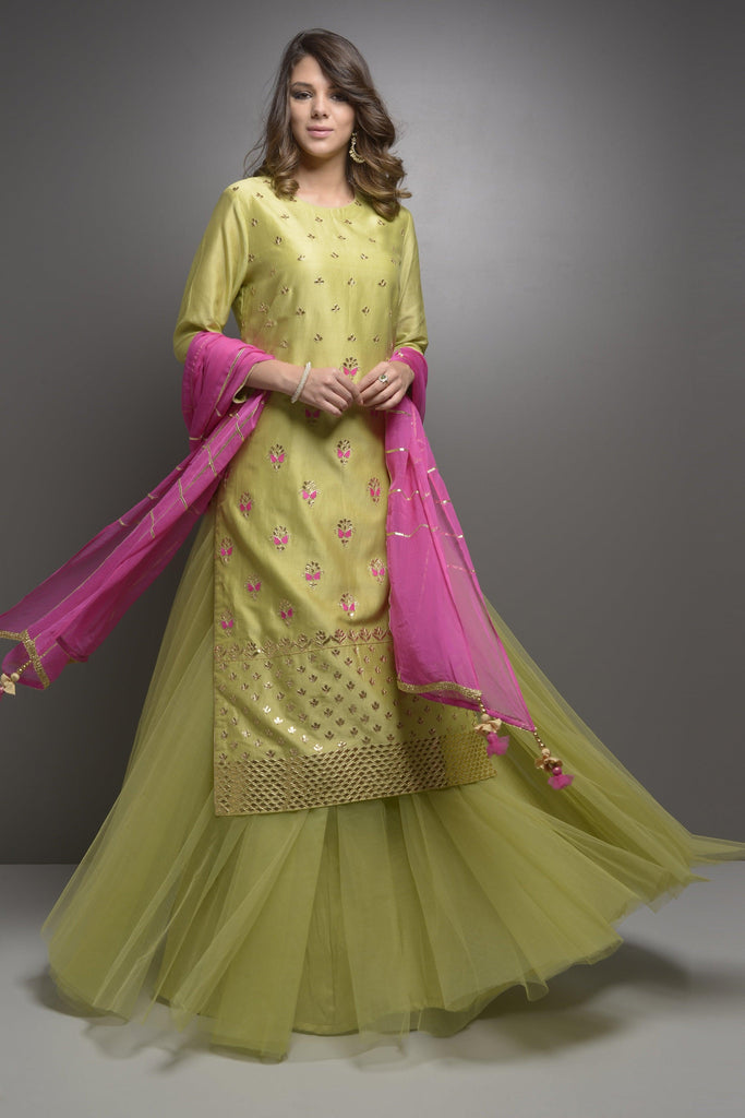 Green Kurta With Gota Resham  Embroidery With Tulle Skirt AAS COUTURE