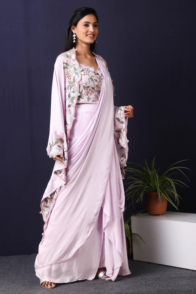 LILAC CAPE WITH DRAPE SAREE AND THREAD EMBROIDERY | AAS Couture