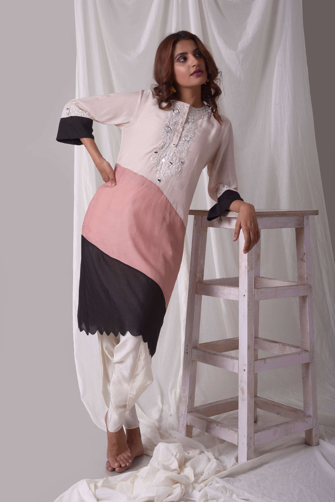 Multicolor Cotton Silk Kurta-Dhoti Set | AAS Couture