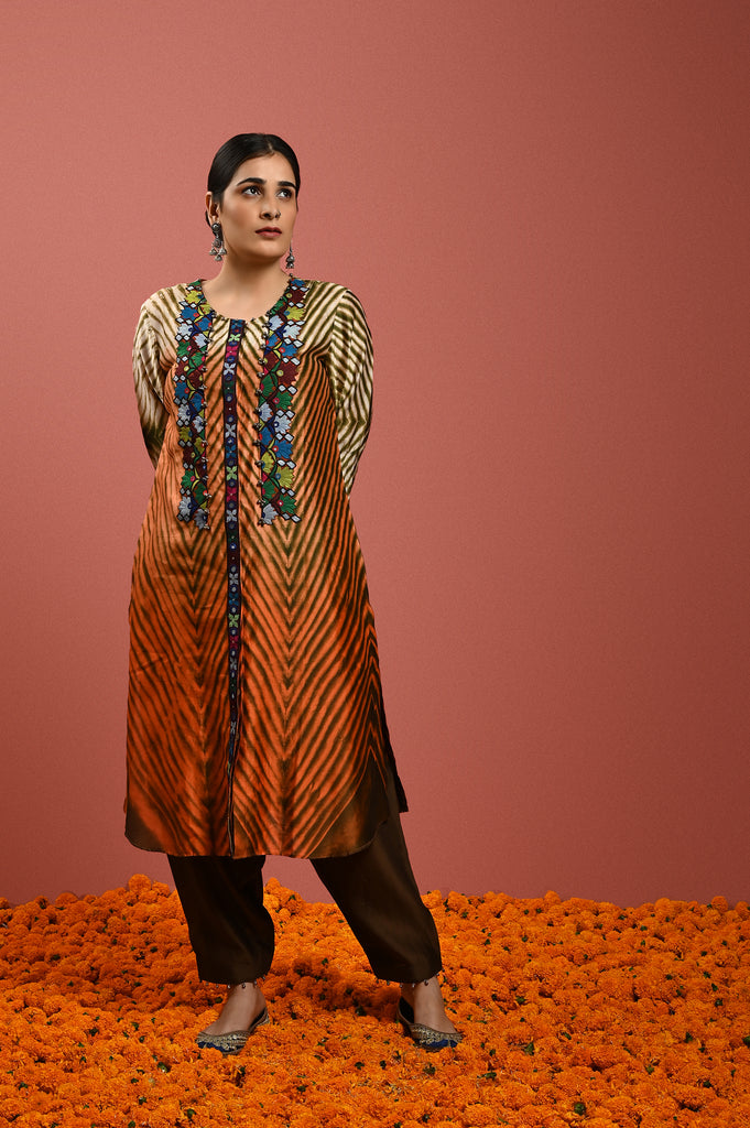 Orange Beige Silk Chanderi Kurta Set Shibori Kutch Embroidery AAS Couture