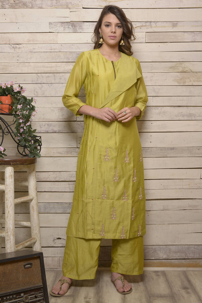 Mehndi Green Angrakha Look Chanderi Kurta with Pants  AAS Couture