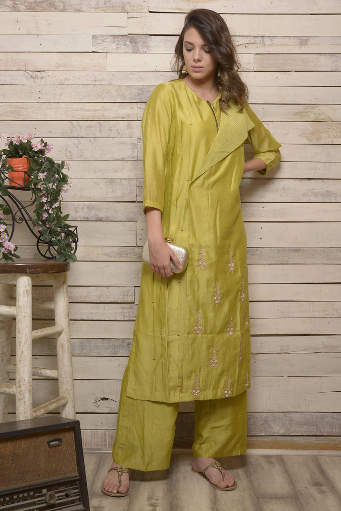 Mustard Angrakha Look Chanderi Kurta Pant Set | AAS Couture