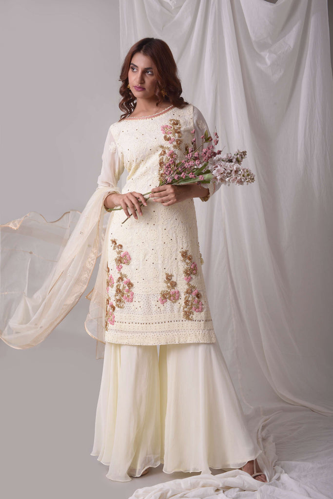  Off-White Lucknowi Embroidered Kurta with Garara  AAS Couture
