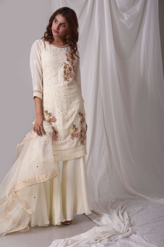  Off-White Lucknowi Embroidered Kurta with Garara  AAS Couture