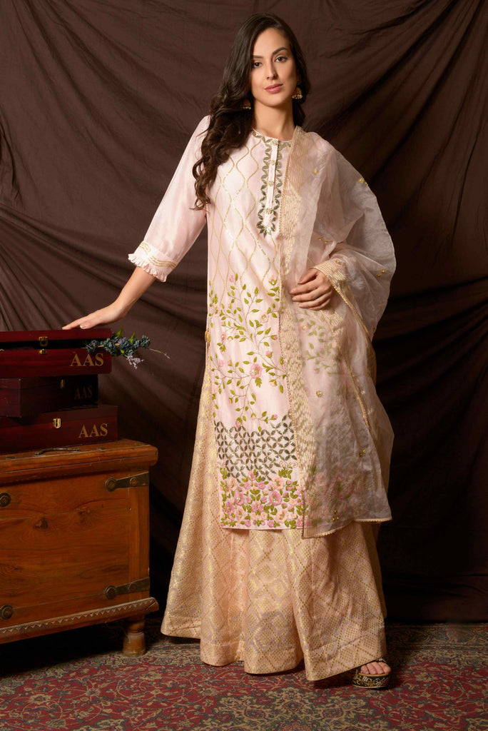 Powder Pink Gota Patti Kurta with Banarasi Skirt  AAS Couture