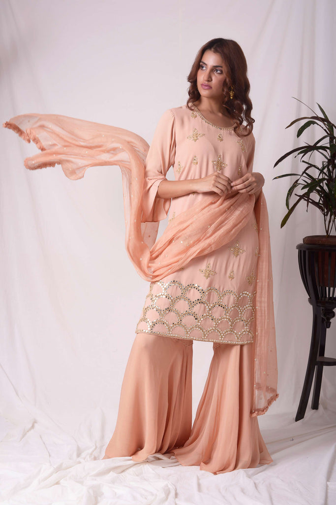 Orange Georgette Embroidered Kurta-Sharara Suit Set | AAS Couture