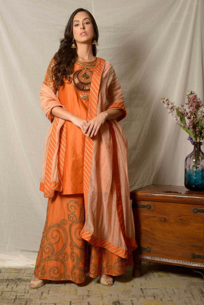 Orange Zari Sequins Chanderi Suit Set | AAS Couture