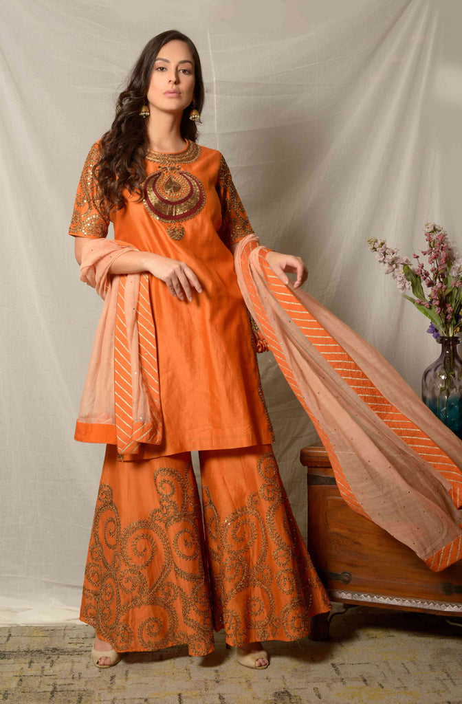 Orange Zari Sequins Chanderi Suit Set | AAS Couture