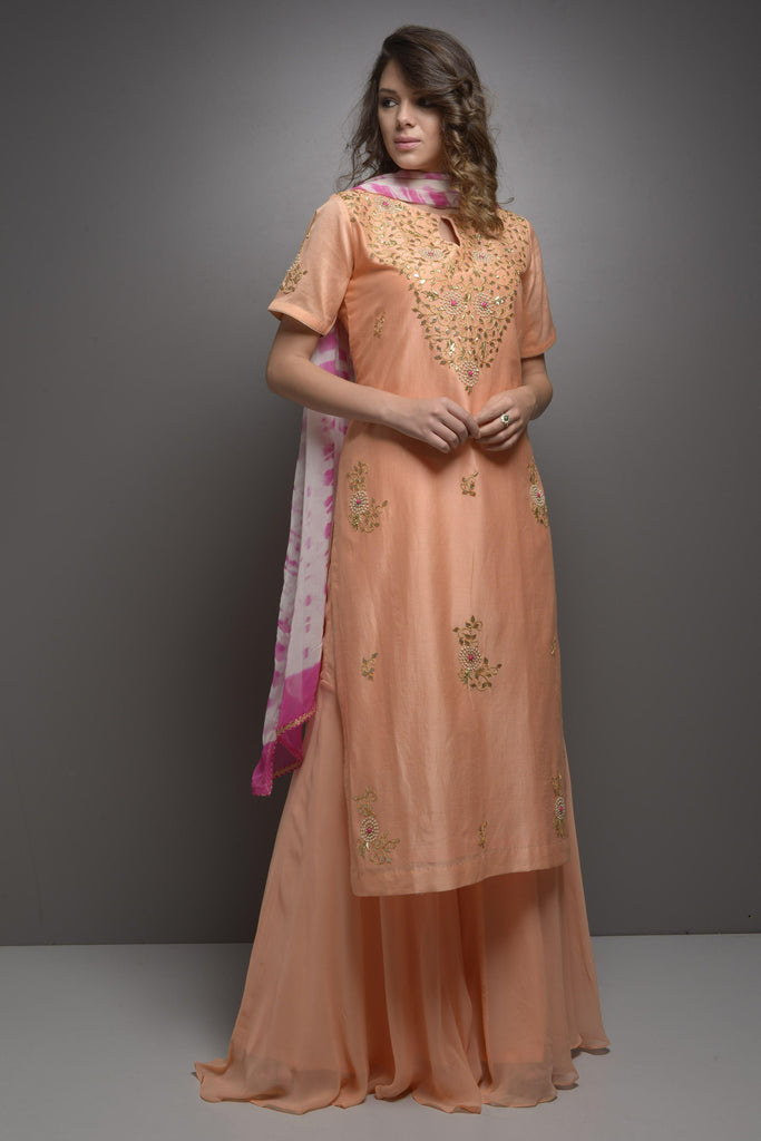 Peach Gota Embroidery Kurta And Sharara Set (Tie Dye Dupatta) | AAS Couture
