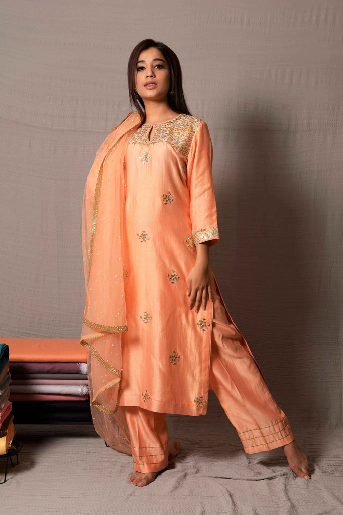 Silk chanderi Peach Straight pant AAS Couture
