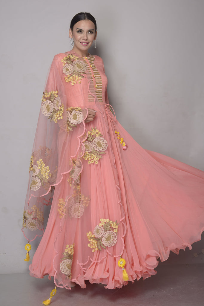 Pink Chanderi & Chiffon Anarkali | AAS Couture