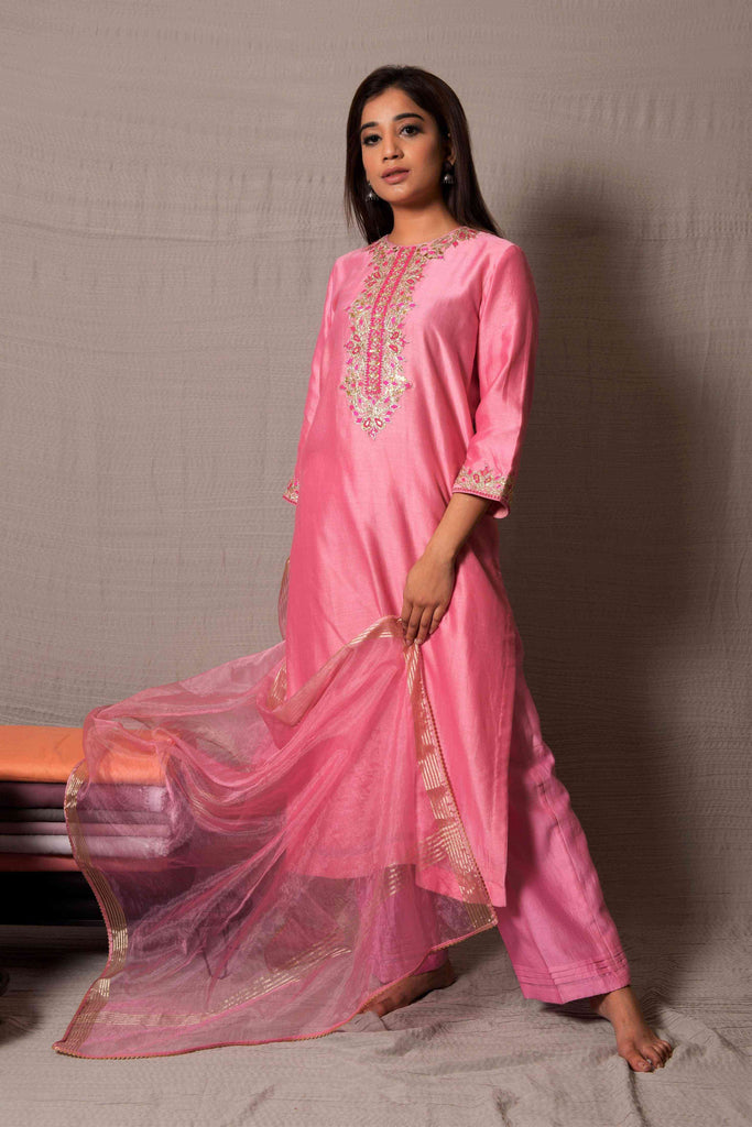 Pink Fabric Patti Work Kurta with Pants AAS Couture