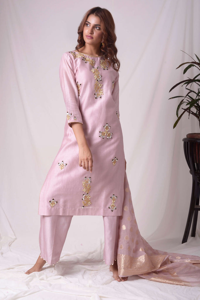 Pink Russian Silk Straight Kurta-Pant Suit Set | AAS Couture