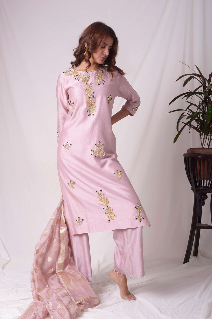 Pink Russian Silk Straight Kurta-Pant Suit Set | AAS Couture