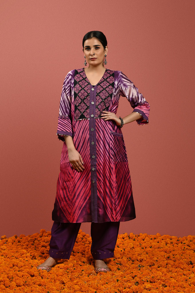 Pink Purple Silk Chanderi Kurta Set Shibori Kutch Embroidery AAS Couture