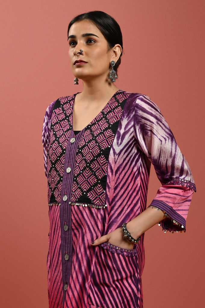 Pink Purple Silk Chanderi Kurta Set  Kutch Embroidery AAS Couture