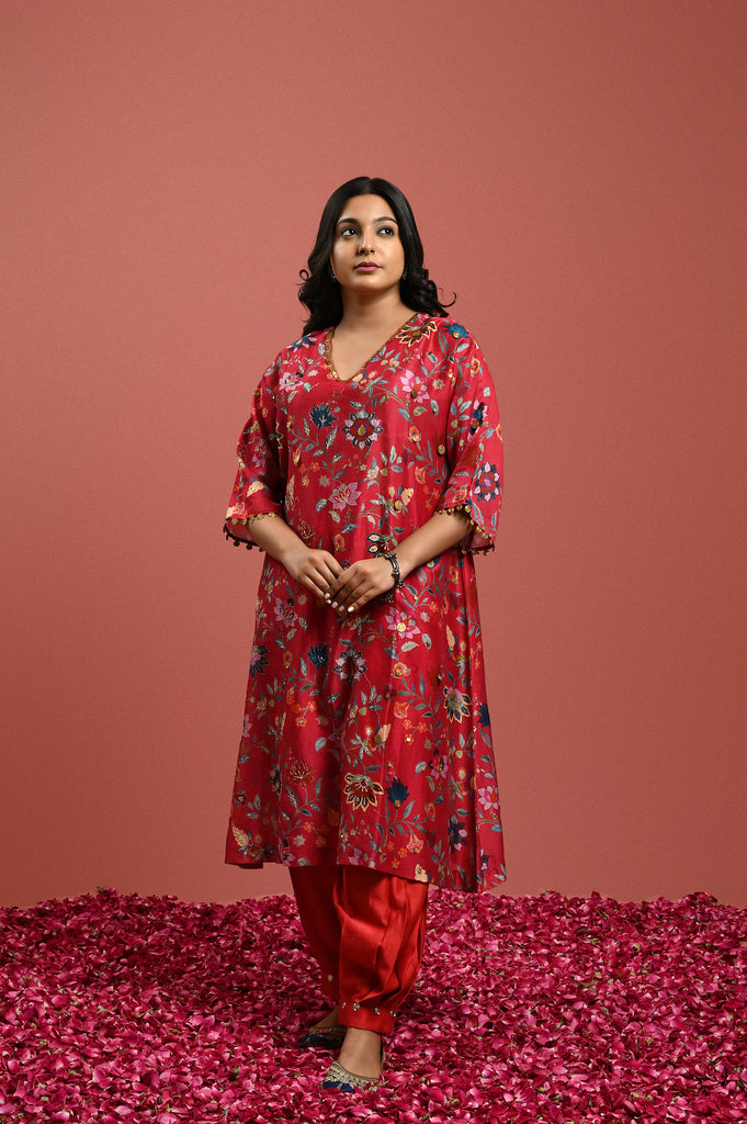 Red Silk Chanderi Kurta Set Digital Print Kutch Embroidery AAS Couture