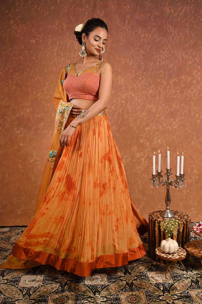 SAFFRON COLOURED CRINCLE SKIRT LEHNGA (HEAVY DUPATTA) | AAS Couture