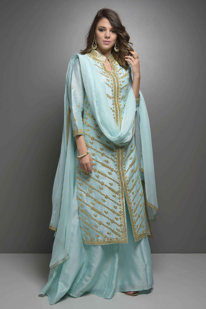 Turquoise Heavy Gota Jaal Front Slit With Sharara Set | AAS Couture