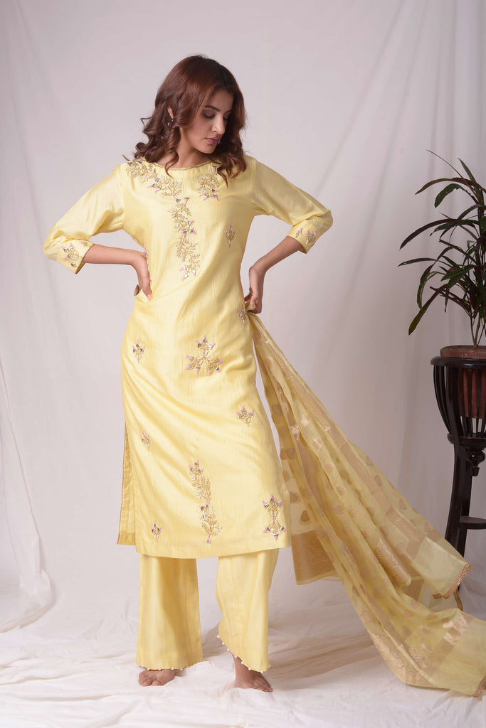 Yellow Russian Silk Straight Kurta-Pant Suit Set | AAS Couture