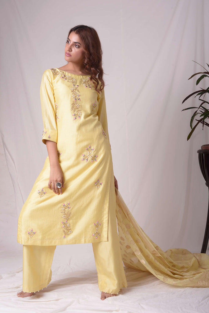 Yellow Russian Silk Straight Kurta-Pant Suit Set | AAS Couture